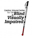 Central Illinois Center for the Blind and Visually Impaired with long white cane with red tip on right of text