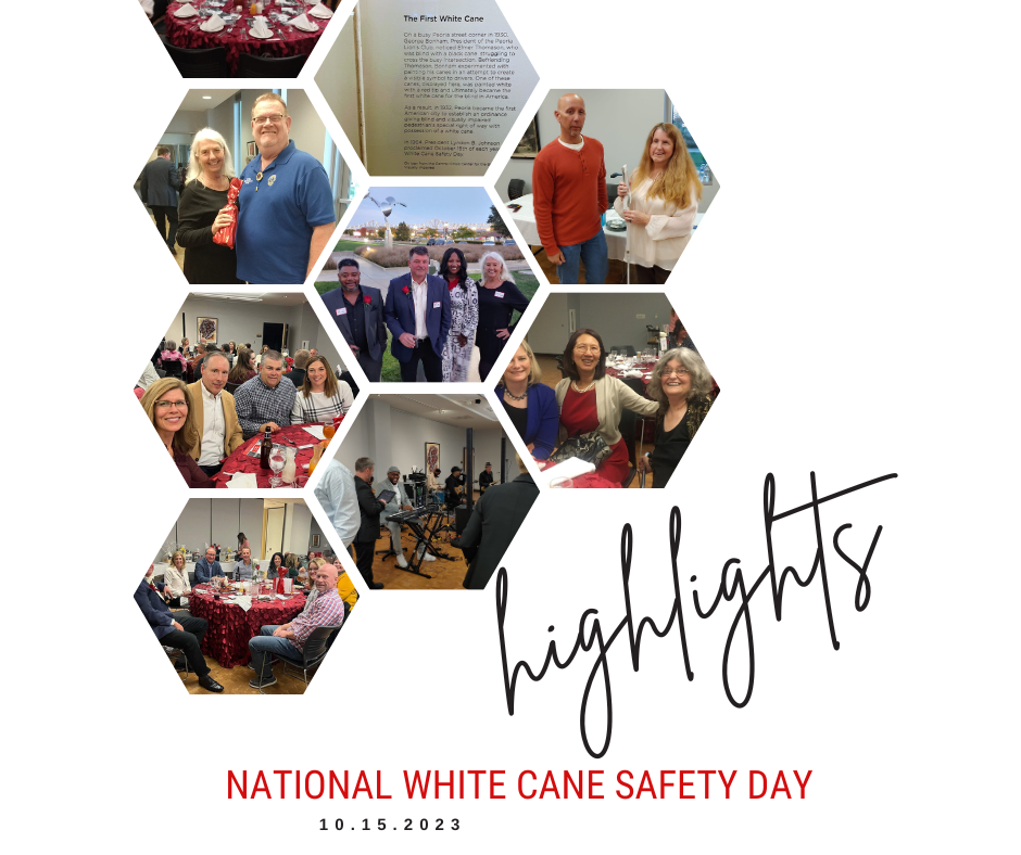 Image: white background with various images in a honeycomb style. Images include attendees sitting at their tables or posing throughout the venue. Text; highlights – National White Cane Safety Day. 10.15.2023