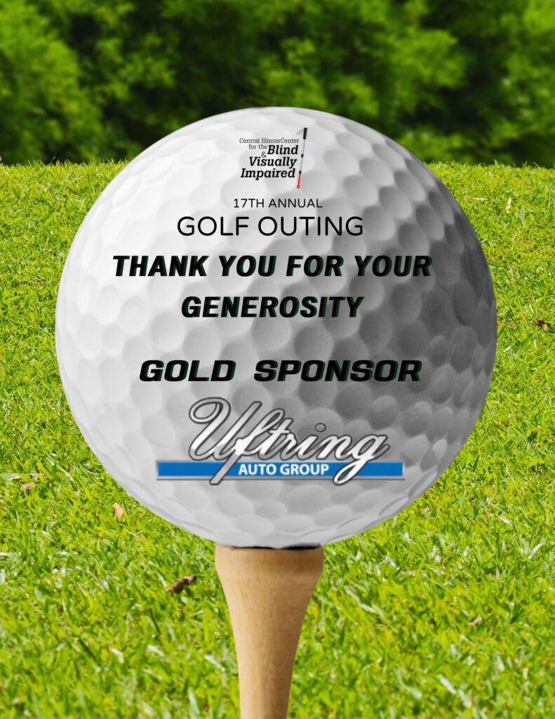 background of a golf course with a golf ball on a tee in the forefront. text: 17th Annual Golf Outing Thank you for your generosity. Gold Sponsor. Uftring Auto Group Logo